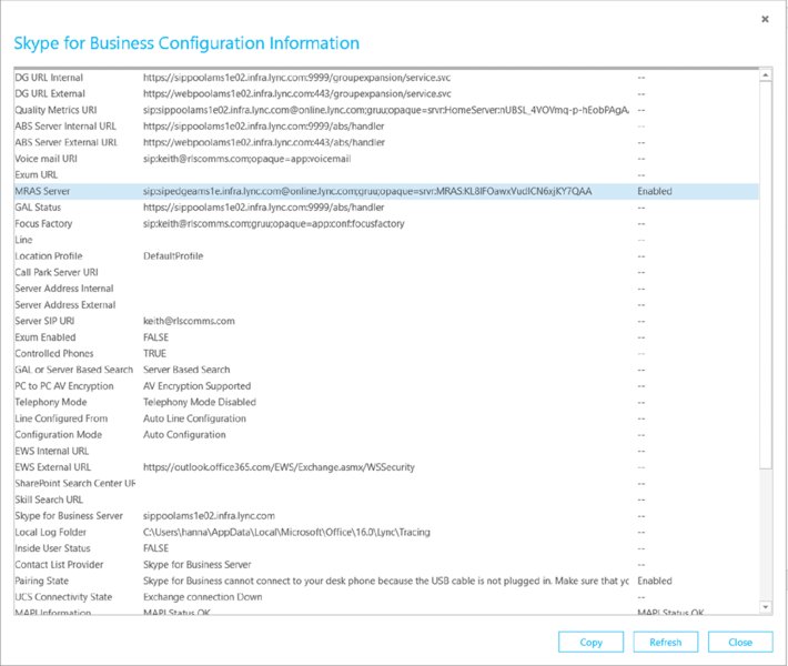 Screenshot shows a window displaying Skype for Business Configuration Information along with Copy, Refresh and Close buttons.
