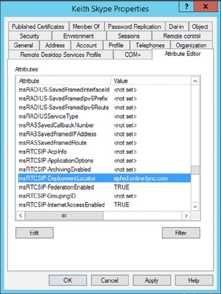 Screenshot shows Skype properties window with Attribute Editor tab opened displaying the list of attributes with its corresponding value along with buttons provided for Edit, Filter, OK, Cancel, Apply and Help.