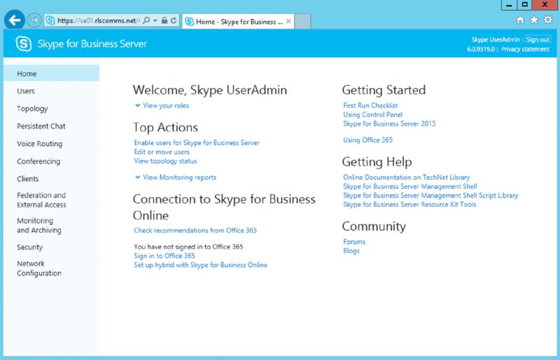 Screenshot shows Skype for Business Server 2015 Control panel with Home tab selected. Links are provided under Top Actions, Connection to Skype for Business Online, Getting Help, Community and Getting started.