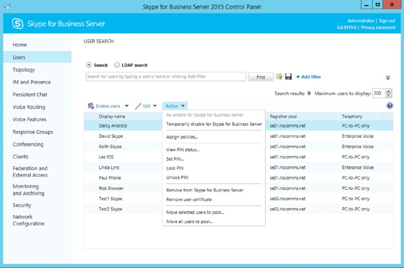 Screenshot shows Skype control panel with radio buttons for Search and LDAP Search, save icon, search field and search results with details such as Display name, Registrar pool, Telephony et cetera. Expanded dropdown menu for Action is also displayed.
