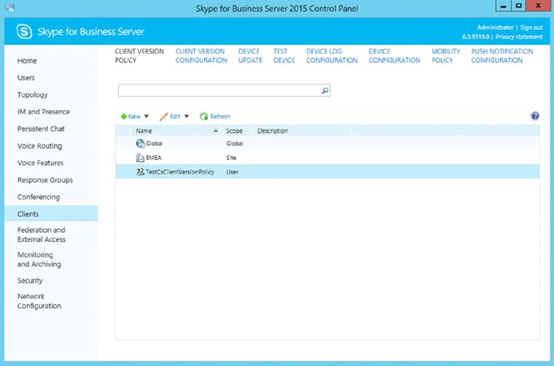 Screenshot shows Skype control panel with Clients Tab opened along with search field and a table with columns for Name, Scope and Description.