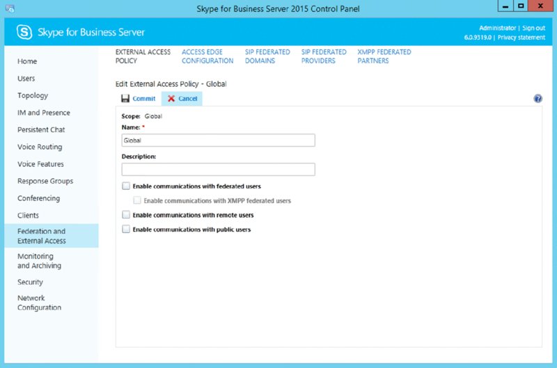 Screenshot shows Skype control panel with Federation and External Access Tab opened along with fields for Name and Description and checkboxes for enabling communications with Federates, remote and public users.