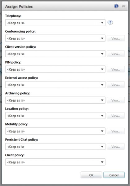 Screenshot shows Assign Policies with dropdown fields for Telephony, PIN policy, Location Policy et cetera along with View, OK and Cancel buttons.
