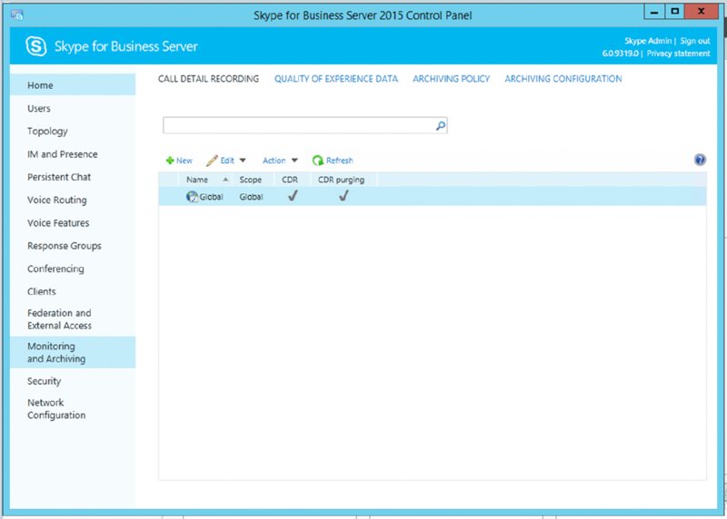 Screenshot shows Skype for Business Server 2015 Control panel with Monitoring and Archiving tab selected and search field.  