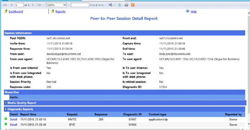Screenshot shows peer-to-peer session detail report which includes session information, modalities and diagnostic reports.