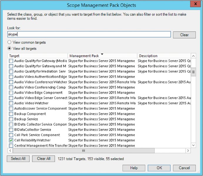Screenshot shows scope management pack objects window by selecting view all targets and displays targets, management packs and descriptions. Finally, ok button is selected.