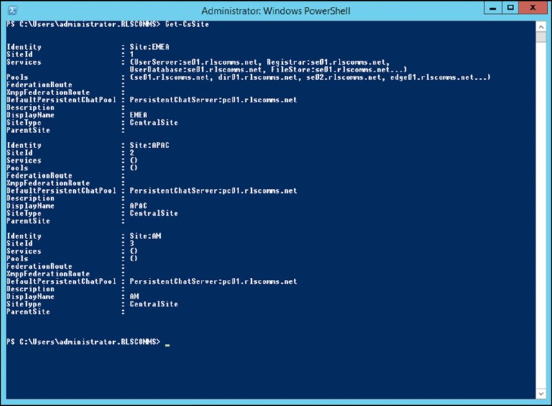 Screenshot shows administrator: windows powershell page displaying output of Get-CsSite which includes identity, site id, services, pools, federationroute, description, displayname et cetera.