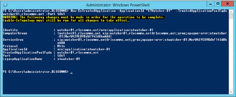 Screenshot shows administrator: windows powershell page displaying output of New-CsTrustedApplication which includes identity, servicegruu, protocol, port et cetera.