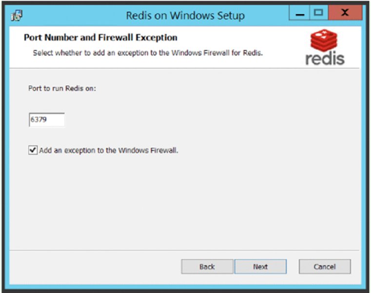 Screenshot shows redis on windows setup page which displays 6379 under port to run redis on and selects add an exception to the windows firewall. Finally, next button is selected.