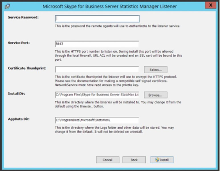 Screenshot shows Microsoft Skype for business server statistics manager listener window displaying fields for service password, service port, certificate thumbprint, install directory and AppData directory and selects install button.
