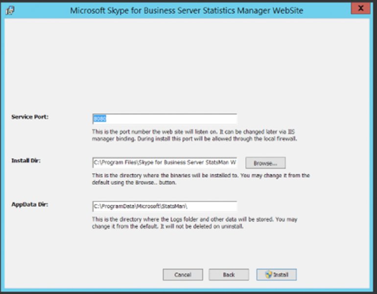 Screenshot shows Microsoft Skype for business server statistics manager website window displaying fields for service port, install directory and AppData directory and selects install button.