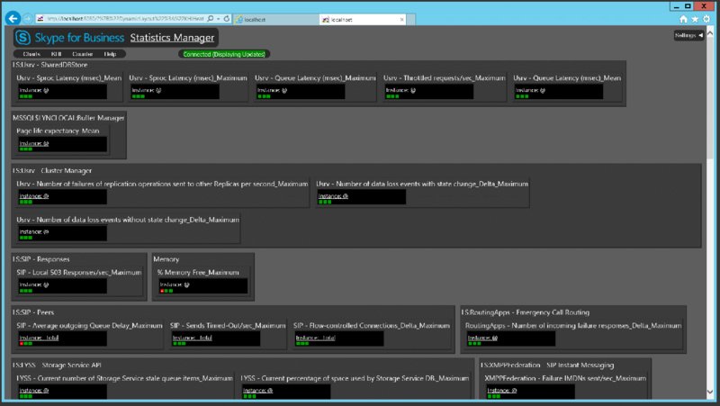Screenshot shows Skype for business statistics manager window displaying KHI summary such as sharedDBstore, buffer manager, cluster manager, responses, peers and storage service API.