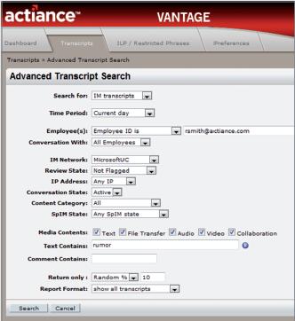 Figure shows Advanced Transcript search field with dropdown fields for Search for, Time Period, IM Network, Content category et cetera along with Search and Cancel buttons.