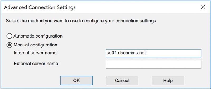 Screenshot shows advanced connection settings window selecting manual configuration and displaying internal server name as se01.rlscomms.net. Finally, ok button is selected.