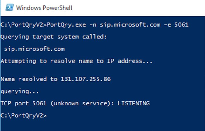 Screenshot shows windows powershell page displaying PortQry output which includes target system, IP address and resolving name.