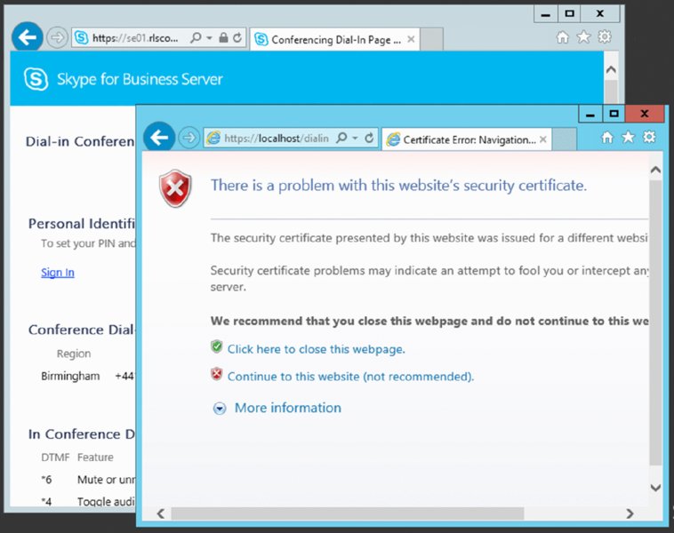Screenshot shows certificate error window displaying close webpage, continue the website and more information above the Skype for business server window. 