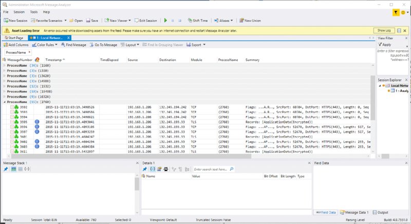 Screenshot shows Microsoft message analyzer window displaying messagenumber, timestamp, timeelapsed, source, destination, module, processname and summary.