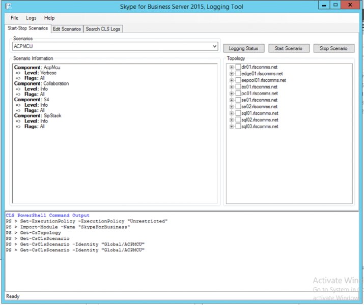 Screenshot shows Skype for business server 2015, logging tool window displaying scenarios, scenario information such as component, level and flags and topologies along with CLS powershell command output.