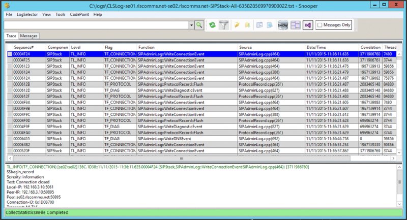 Screenshot shows snooper window displaying sequence, component, level, flag, function, source, date or time, correlation and thread.