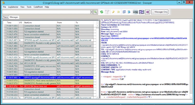 Screenshot shows snooper window displaying messages which include time, input or output, startline, from and to. Right side of the window displays trace-correlation-id, instance-id, direction, peer et cetera.