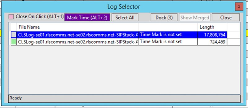 Screenshot shows log selector window displaying file name and length.