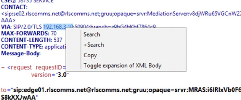 Screenshot shows a menu window displaying search, plus search, copy and toggle expansion of XML body over a window page displaying contact, max-forwards, content-length, content-type and message-body.