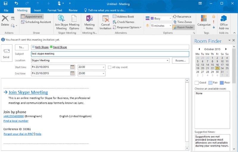 Screenshot shows meeting is selected from top menu, a mailing section that includes textfields for receiver address, subject, location, start and end times, join Skype meeting hyperlink on bottom and room finder on right.