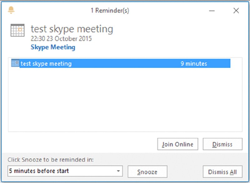 Screenshot shows the reminder message box with title as test Skype meeting and contains meeting date and time, buttons for join online and dismiss and dropdown box to choose snoozing time of reminder.