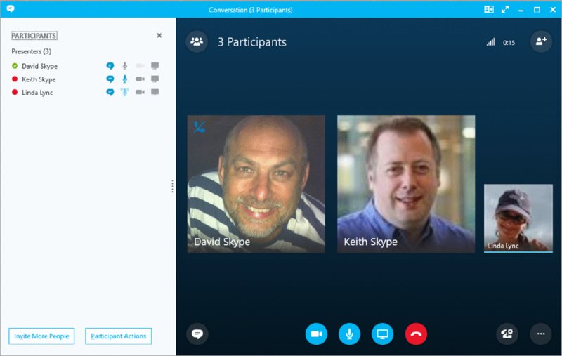 Screenshot shows three participants and buttons for invite more people and participant actions on side menu, profile pictures of three participants and buttons for video chat, speak now and end call on bottom.