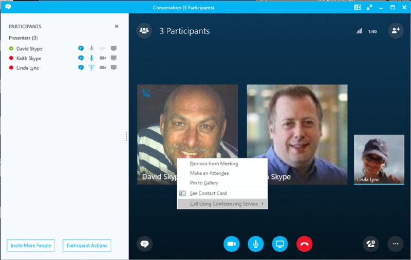 Screenshot shows three participants and a right-click menu which includes options to remove from meeting, make an attendee, pin to gallery, see contact card and call using conferencing service. 
