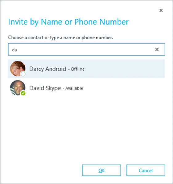 Screenshot shows a window titled Invite by Name or Phone Number which includes a searchbox to choose a contact. It shows da typed in the search field and results include profiles named Dancy and David.
