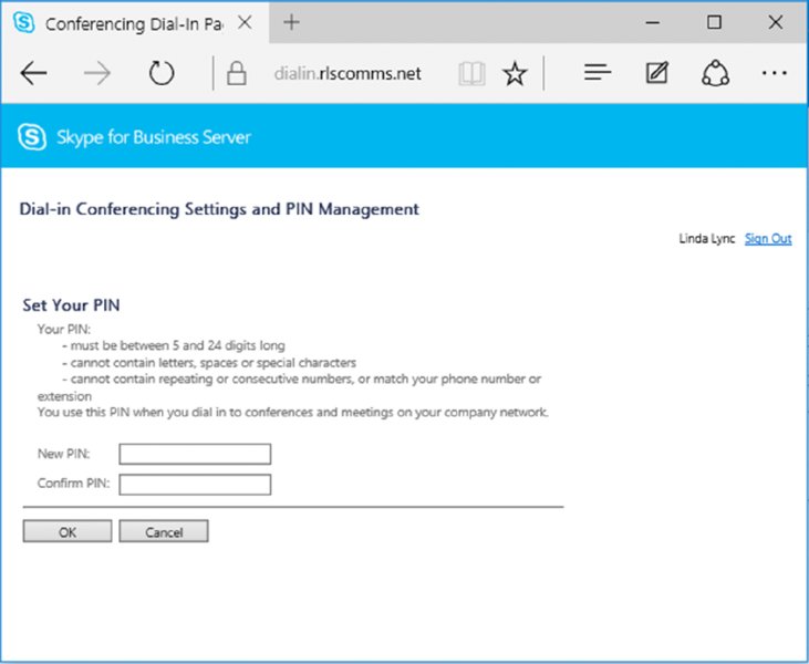 Screenshot shows a window titled dial-in conferencing settings and PIN management. It shows set your PIN form which includes instructions and textfields to enter new PIN and confirm PIN.