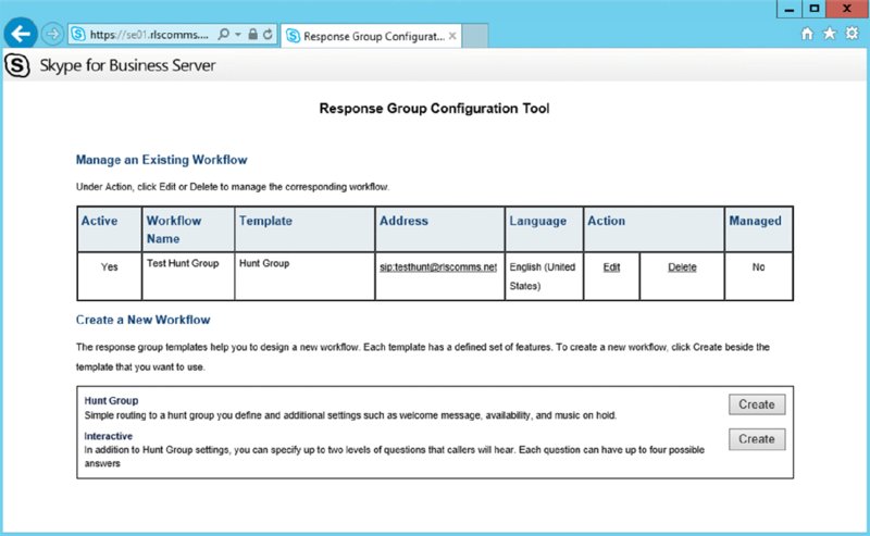 Screenshot shows a window titled Response Group Configuration Tool, a table for managing an existing workflow and instructions to create a new workflow which includes hunt group and interactive templates.