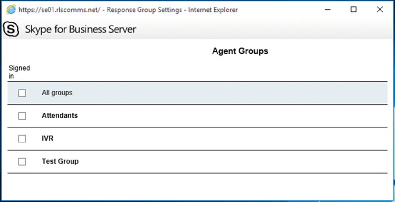 Screenshot shows a window titled Agent Groups which includes checkboxes for all groups, attendants, IVR and test group as sign in options.