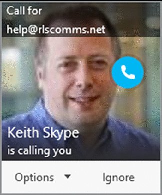 Screenshot shows profile picture of man, button for answering call and displays Keith Skype is calling you. Options and ignore buttons are shown at bottom.