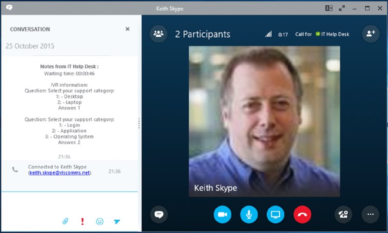 Screenshot shows conversation details on side menu which includes date, notes from IT help desk, waiting time, mail ID and IVR information. Chatting space shows profile picture of Keith Skype.