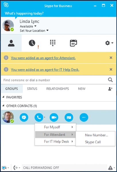 Screenshot shows other contacts group is selected from the dial a number section. It shows a right-click menu with for myself, for attendant and for IT help desk options. For attendant has two options; new number and Skype call.