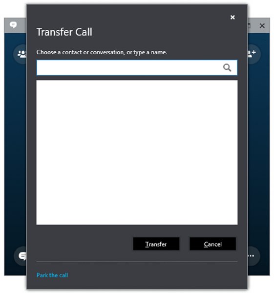 Screenshot shows a window titled Transfer a Call which includes a search box to choose a contact or conversation and buttons for transfer and cancel.