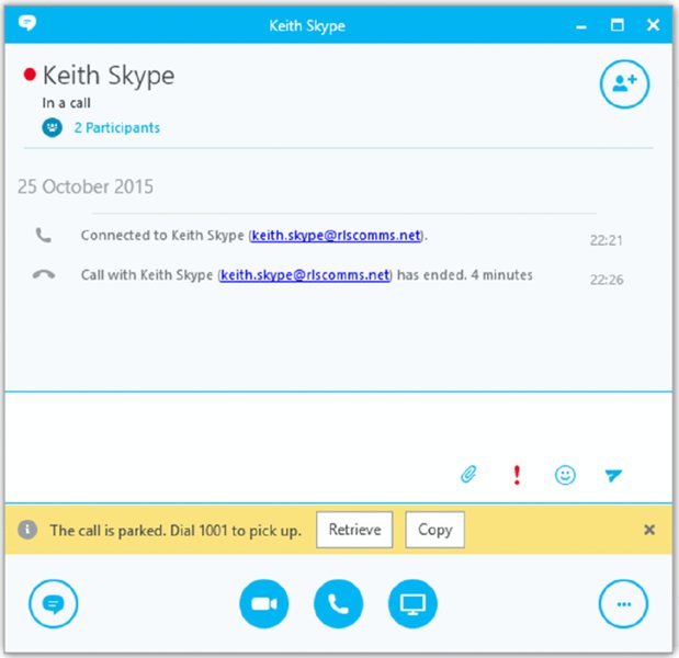 Screenshot shows a window titled Keith Skype in a call which includes call connection details and a notification that the call is parked-dial 1001 to pick up along with buttons for retrieve and copy.