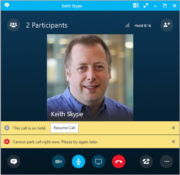 Screenshot shows profile picture of Keith Skype and two notifications. First one says that the call is on hold and shows a resume call button. Second one says cannot park call right now-please try again later.