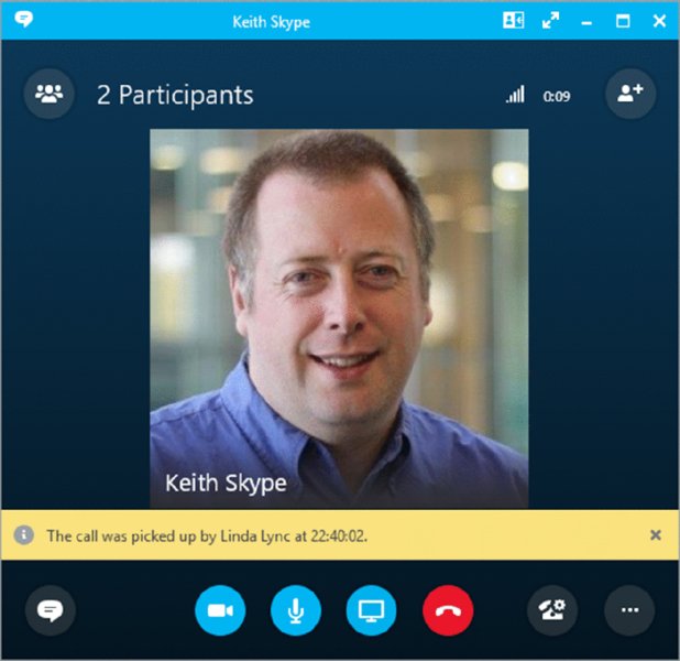 Screenshot shows profile picture of Keith Skype and a notification which says that the call was picked up by Linda at time 22:40:42.
