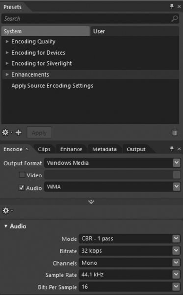 Screenshot shows setting options of system encoding and output format. Output formats include audio and video along with their properties such as mode, bit rate, channels, sample rate and bits per sample.