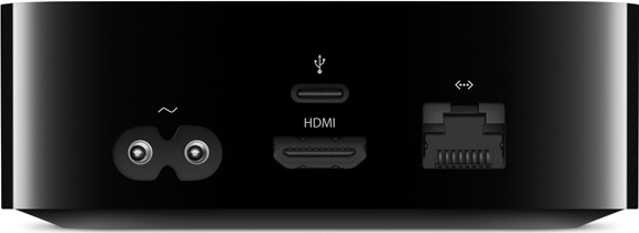 Figure 1: Fourth-generation Apple TV ports, from left to right: power, USB-C, HDMI, and 10/100 Ethernet. The Apple TV 4K lacks the USB-C port.