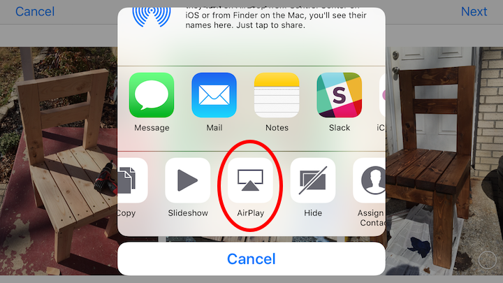 Figure 90: When you AirPlay a photo from iOS, you tap the AirPlay icon (circled in red here) in the Share sheet.