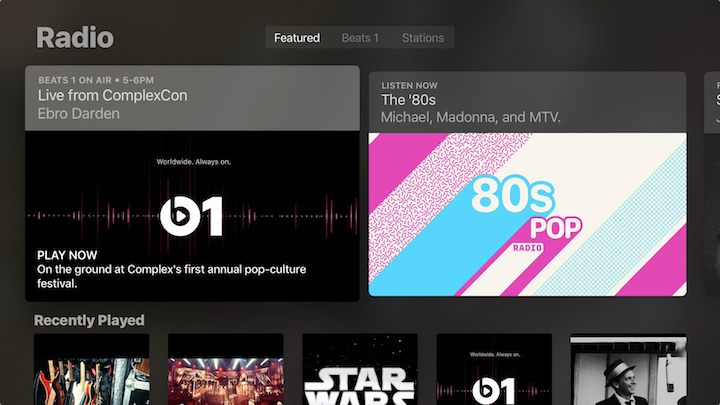 Figure 72: Visit the Radio screen to listen to Beats 1, genre stations, and custom radio stations.