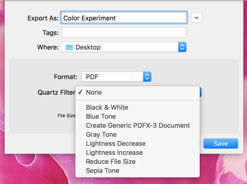Figure 101: When exporting as PDF, you can choose between several Quartz filters that change the look of the resulting file.