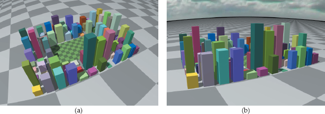 Figure showing two views of a random box city.