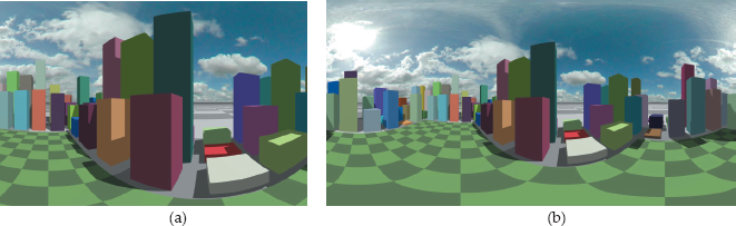 Figure showing camera above the park rendered with fov = 180° × 120° (a) and fov = 360° × 180° (b).