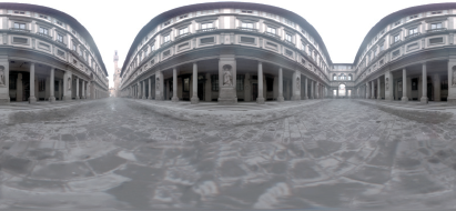 Figure showing full 360° × 180° spherical projection view of the Uffizi Gallery buildings with the view direction horizontal. The Uffizi Gallery image is courtesy of Paul Debevec.