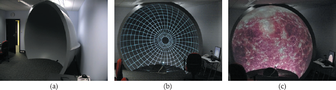Figure showing immersive dome: (a) angle view; (b) grid test image; (c) cosmological simulation by Paul Burke. These images are from the website http://local.wasp.uwa.edu.au/~pbourke/exhibition/domeinstall/. Photographs courtesy of Paul Burke.